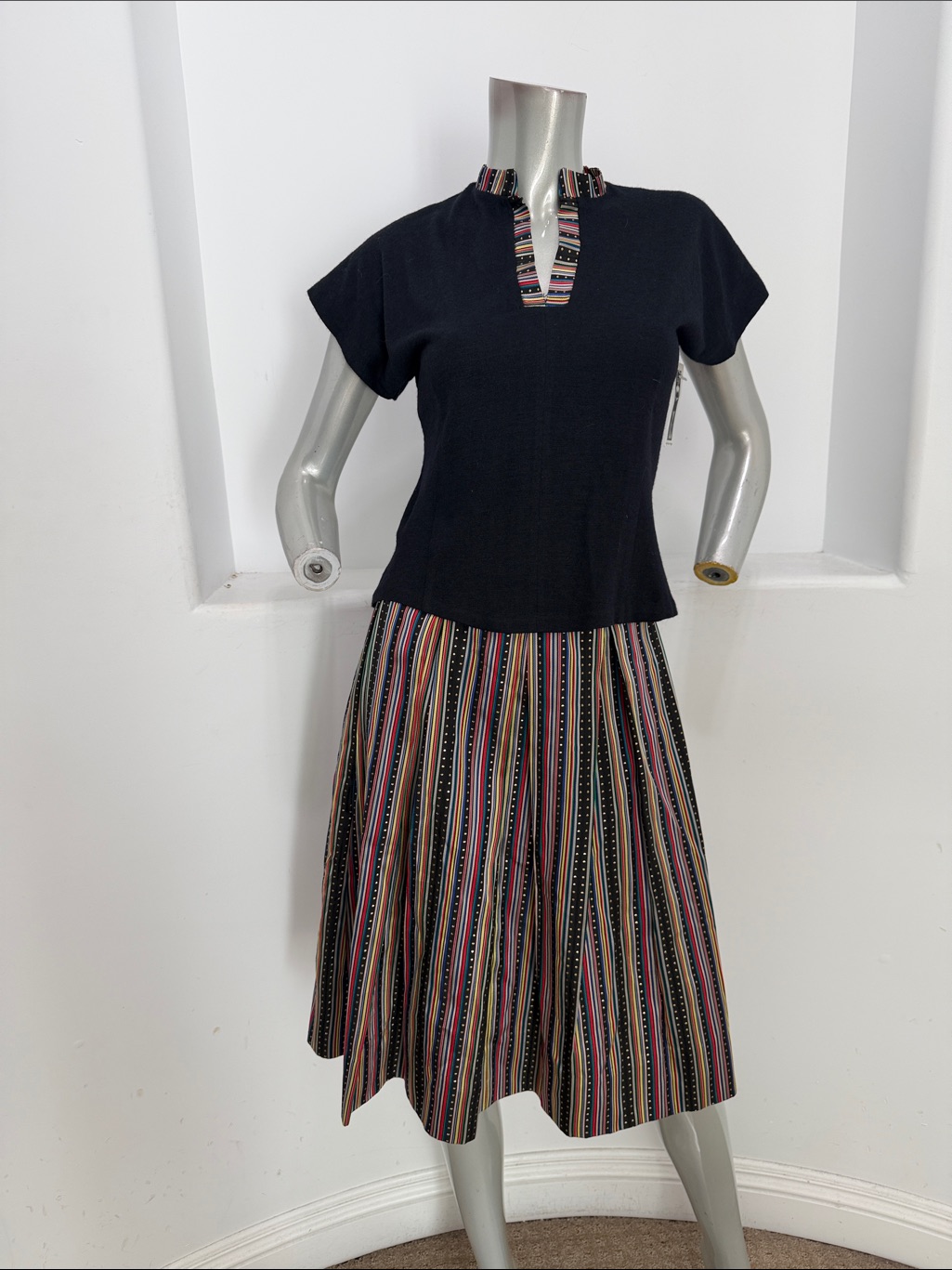 Vintage 1940s Short Sleeve Black Top Multicolor Pleated Striped Skirt Set